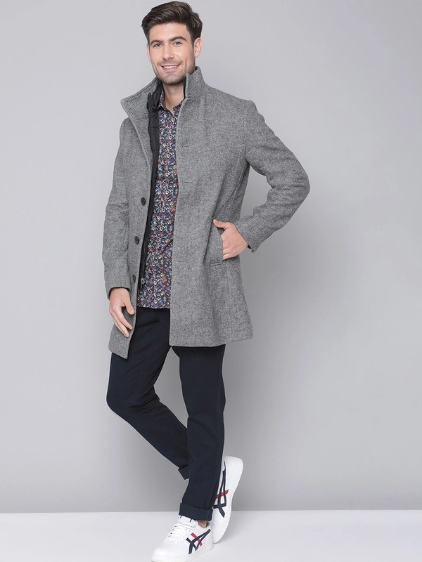 Men Grey Solid Overcoat - 50% Wool and 50% PolyesterDry-clean, S /M/L/XL/XXL