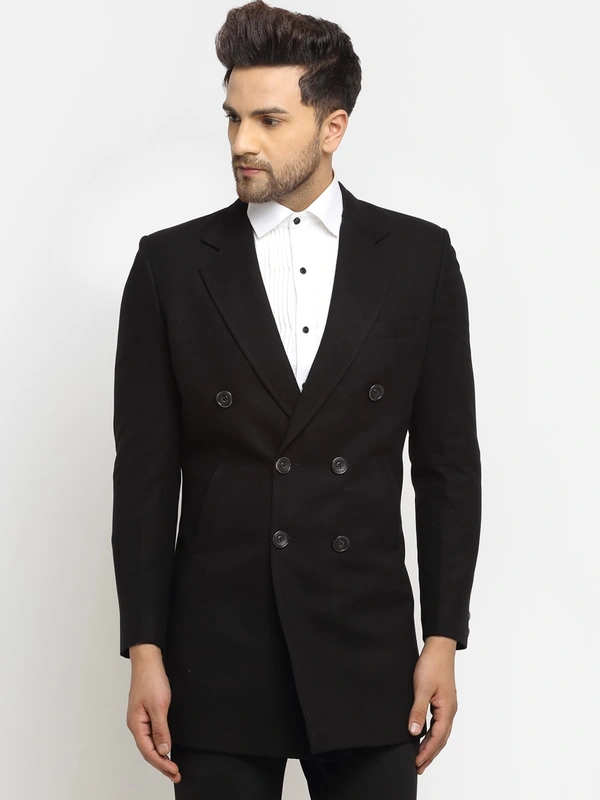 Men Black Solid Wool Long Coat - S /M/L/XL/XXL, WoolDry-clean only