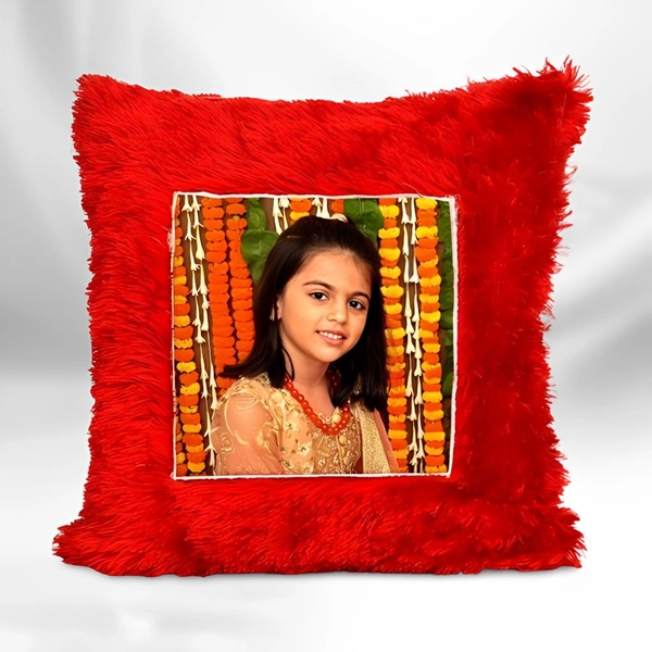 Fur Cushion_ Medium Size With Your Photo (UP26) - (8*8 Inch), Red