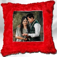 Fur Cushion_ Medium Size With Your Photo (UP26) - (8*8 Inch), Red