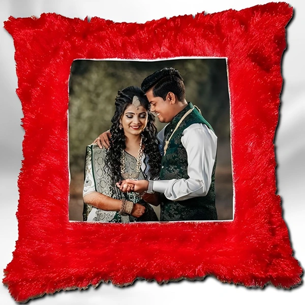 Fur Cushion_ Medium Size With Your Photo (UP26) - (8*8 Inch), Red