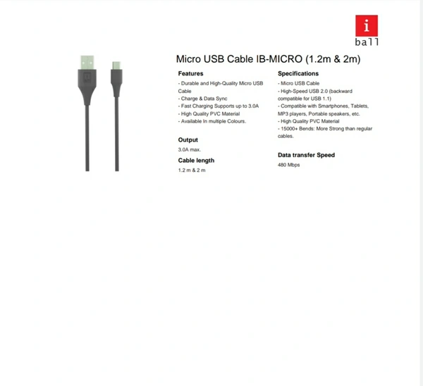 IBAL IB Micro USB Cable 1.2M  - BLACK