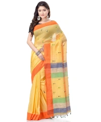 Handloom Pure Cotton Solid Embroidered Saree - Yellow, Standard
