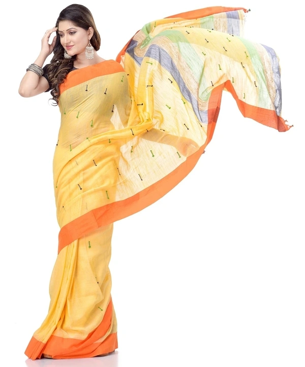 Handloom Pure Cotton Solid Embroidered Saree - Yellow, Standard