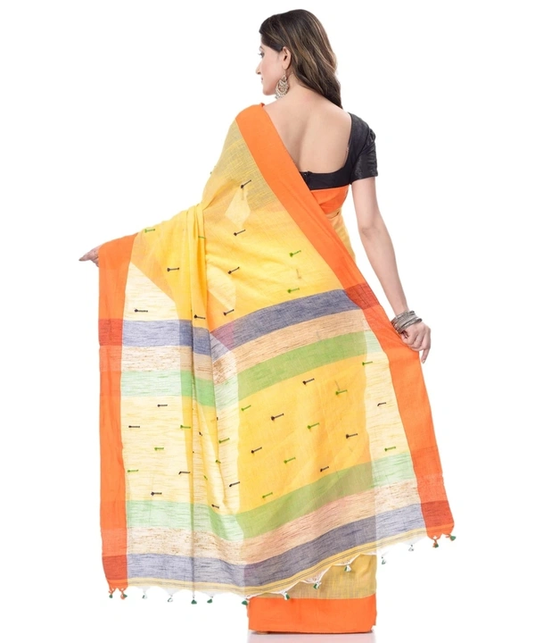 Handloom Pure Cotton Solid Embroidered Saree - Yellow, Standard