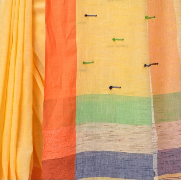 Handloom Pure Cotton Solid Embroidered Saree - Yellow, Standard