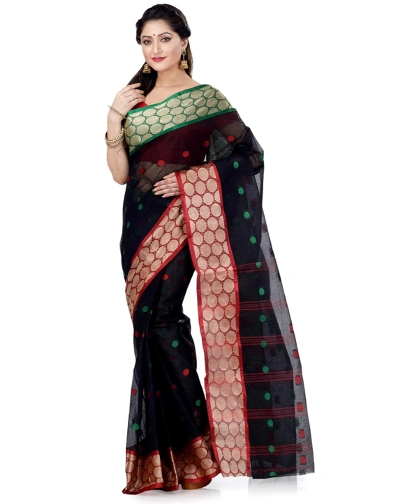 Handloom Pure Cotton Solid Woven Saree - Black, Standard