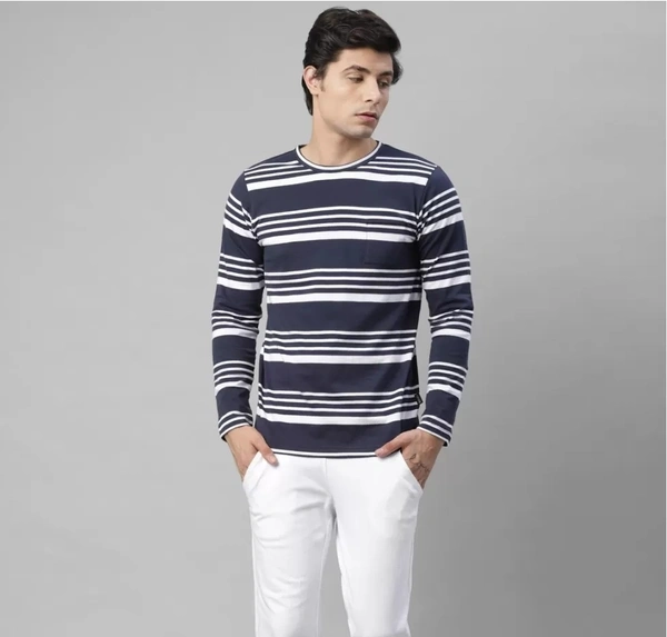 Rigo Men's Full Sleeves Stripped Cotton T-shirt - Navy - M
