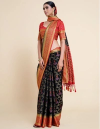 Pehnava Beautiful Premium Cotton Silk Sari With Blouse - Black, 6.3 mtr