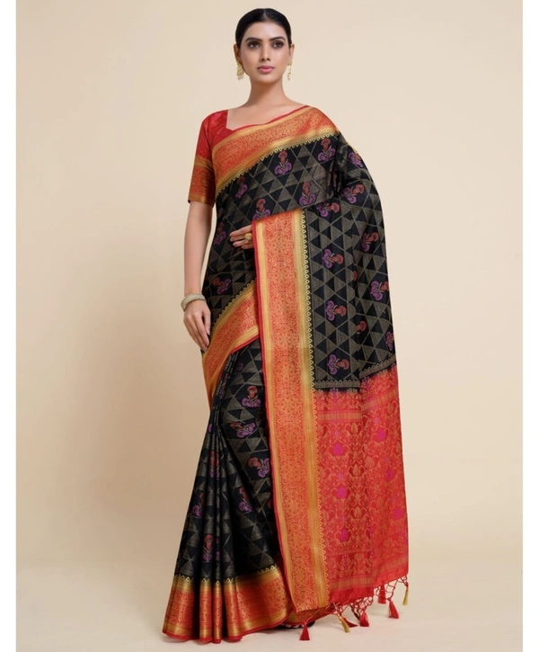 Pehnava Beautiful Premium Cotton Silk Sari With Blouse - Black, 6.3 mtr