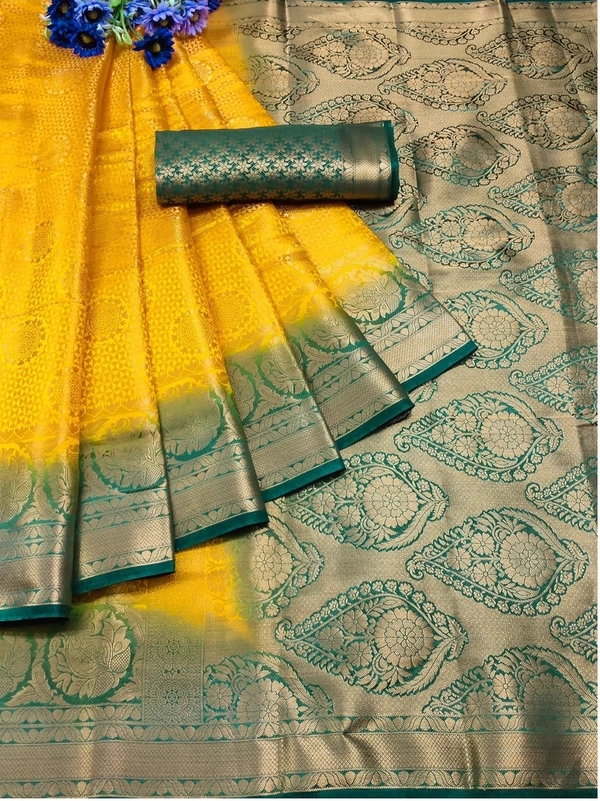 Beautiful Banarsi Silk Sari W/blouse - Yellow, Standard
