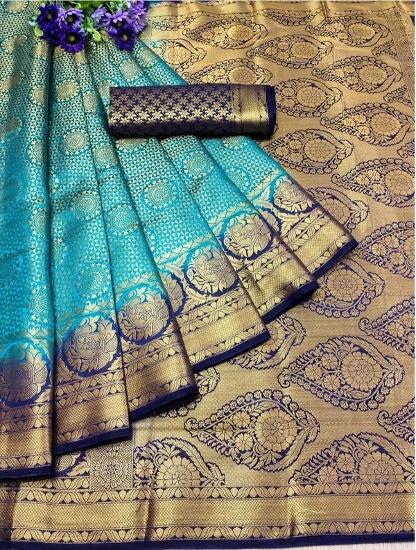 Beautiful Banarsi Silk Sari W/blouse - Teal, Standard