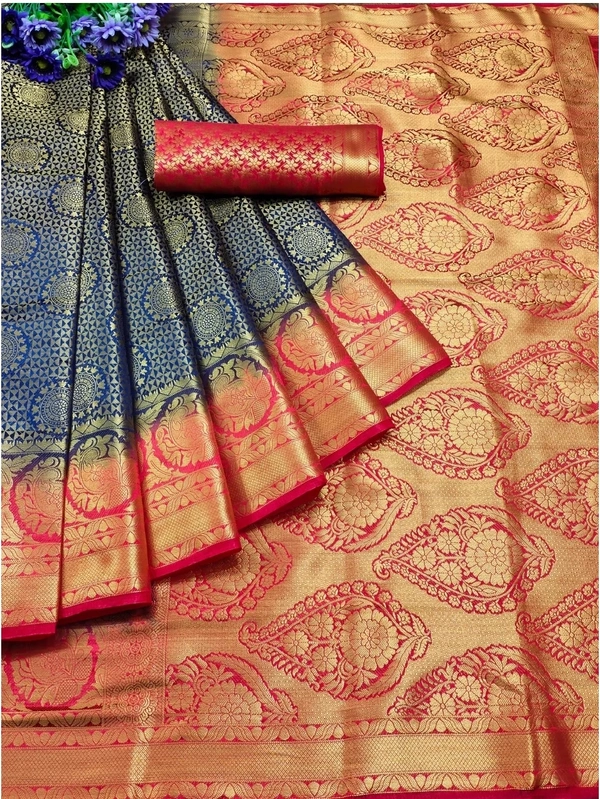 Beautiful Banarsi Silk Sari W/blouse - Skyblue, Standard
