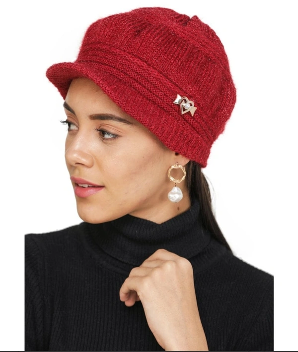 Unisex Woven Solid Wollen Cap  - Red, Free Size