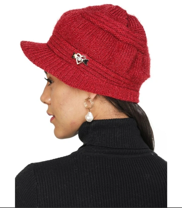 Unisex Woven Solid Wollen Cap  - Red, Free Size