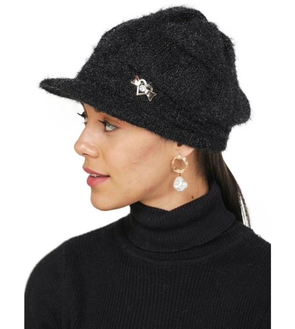 Unisex Woven Solid Wollen Cap  - Black, Free Size