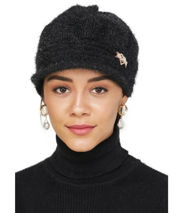Unisex Woven Solid Wollen Cap  - Black, Free Size