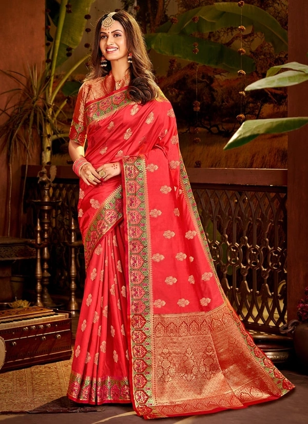 Lifestyle Woven Silk Saree W/blouse - Tomato