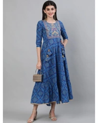 Pehnava Women's Fit N Flare Cotton Dress - Blue, M