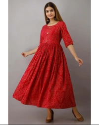 Kimayra Cotton Floral Flared Kurta - Red - XXL
