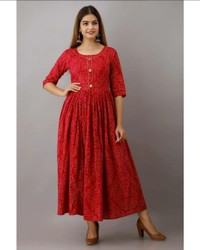 Kimayra Cotton Floral Flared Kurta - Red - XXL