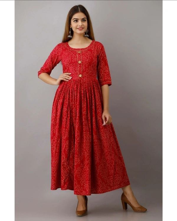 Kimayra Cotton Floral Flared Kurta - Red - XXL