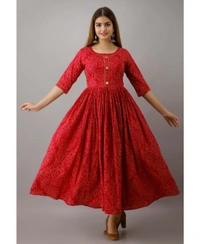 Kimayra Cotton Floral Flared Kurta - Red - XXL