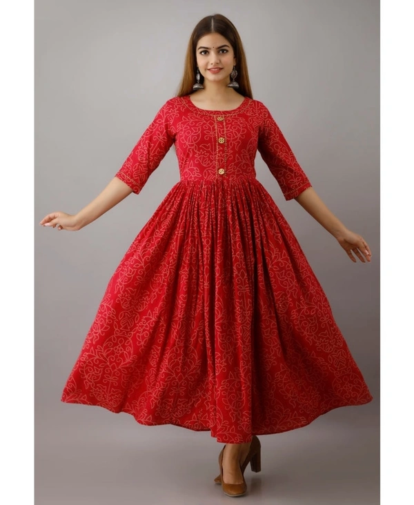 Kimayra Cotton Floral Flared Kurta - Red - XXL