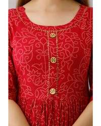 Kimayra Cotton Floral Flared Kurta - Red - XXL