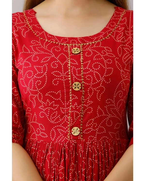 Kimayra Cotton Floral Flared Kurta - Red - XXL