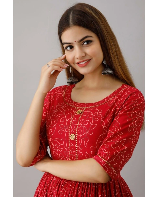 Kimayra Cotton Floral Flared Kurta - Red - XXL
