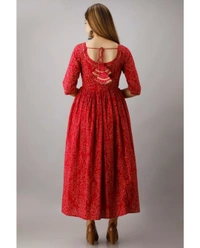 Kimayra Cotton Floral Flared Kurta - Red - XXL