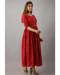 Kimayra Cotton Floral Flared Kurta - Red - XXL