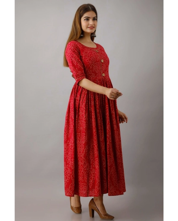 Kimayra Cotton Floral Flared Kurta - Red - XXL