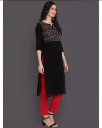 Kimayra Cotton Embroidered Straight Kurta  - M, Black