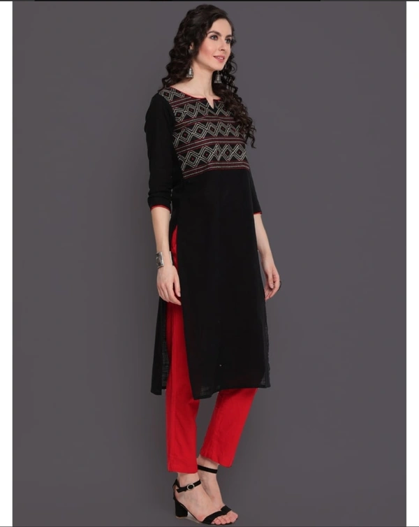 Kimayra Cotton Embroidered Straight Kurta  - M, Black
