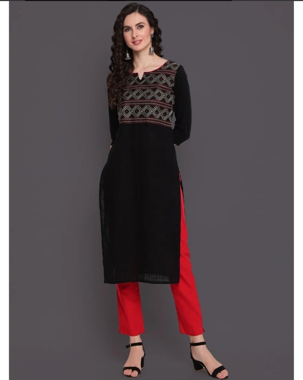 Kimayra Cotton Embroidered Straight Kurta  - M, Black