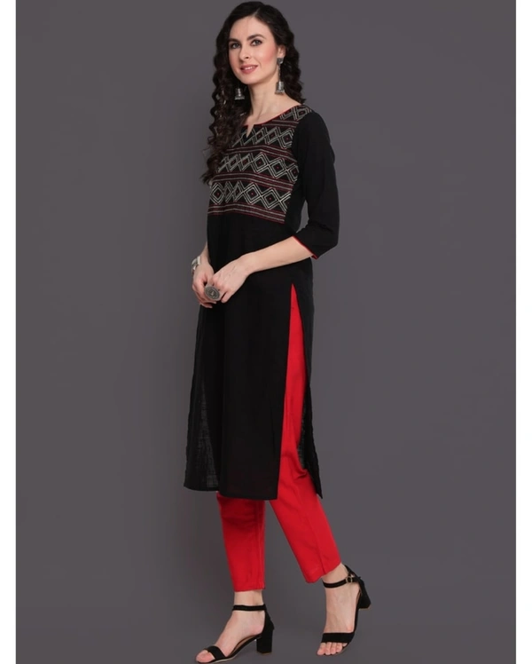 Kimayra Cotton Embroidered Straight Kurta  - M, Black