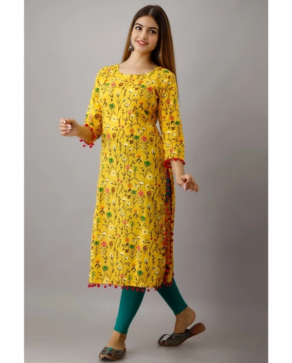 Kimayra Cotton Floral Straight Kurta - Yellow - M