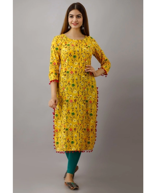 Kimayra Cotton Floral Straight Kurta - Yellow - M