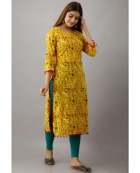Kimayra Cotton Floral Straight Kurta - Yellow - M