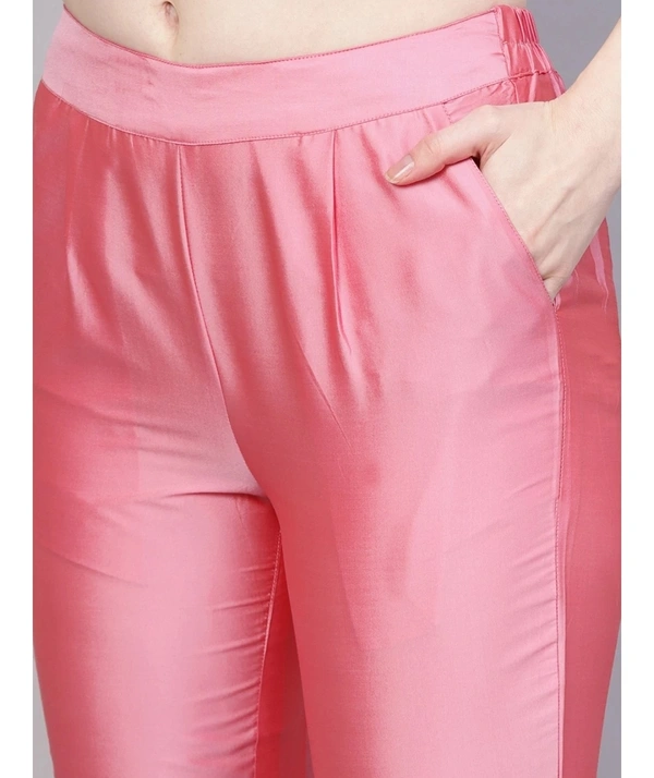 Women's Embroidered Silk Kurta & Pant Set - Pink - XL