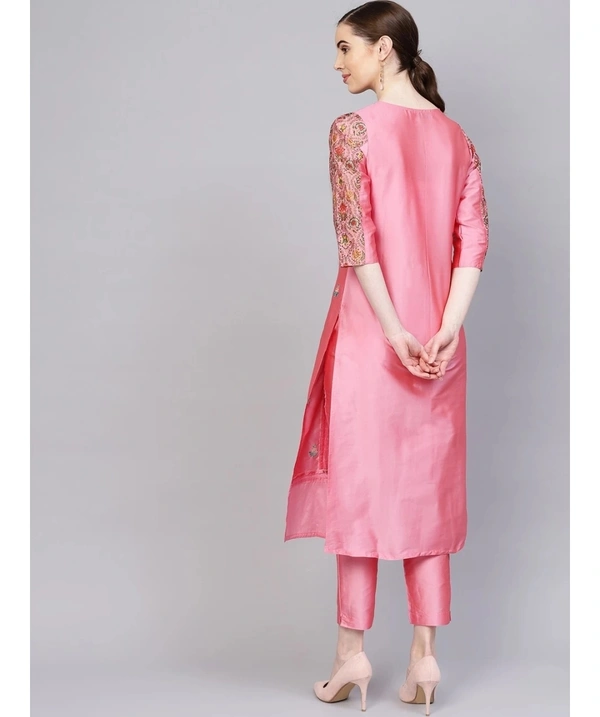 Women's Embroidered Silk Kurta & Pant Set - Pink - XL