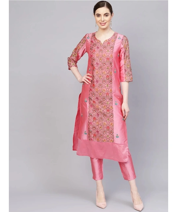 Women's Embroidered Silk Kurta & Pant Set - Pink - XL