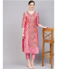 Women's Embroidered Silk Kurta & Pant Set - Pink - XL