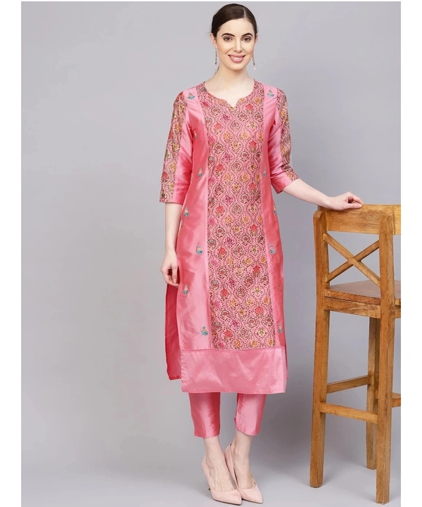 Women's Embroidered Silk Kurta & Pant Set - Pink - XL