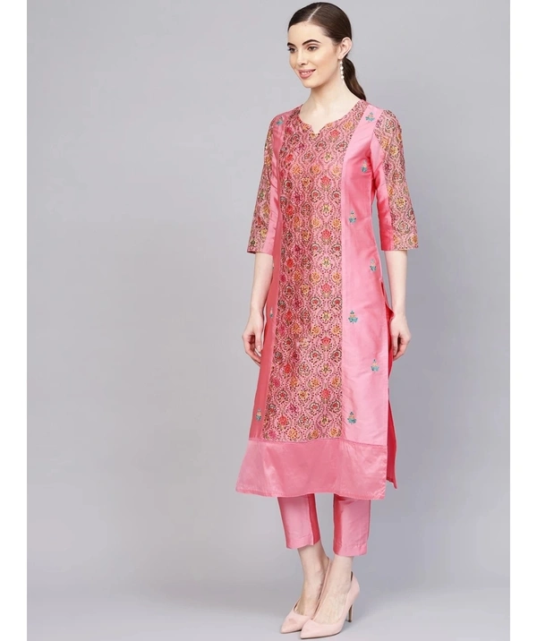 Women's Embroidered Silk Kurta & Pant Set - Pink - XL