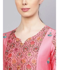 Women's Embroidered Silk Kurta & Pant Set - Pink - XL