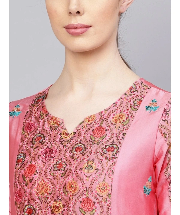 Women's Embroidered Silk Kurta & Pant Set - Pink - XL
