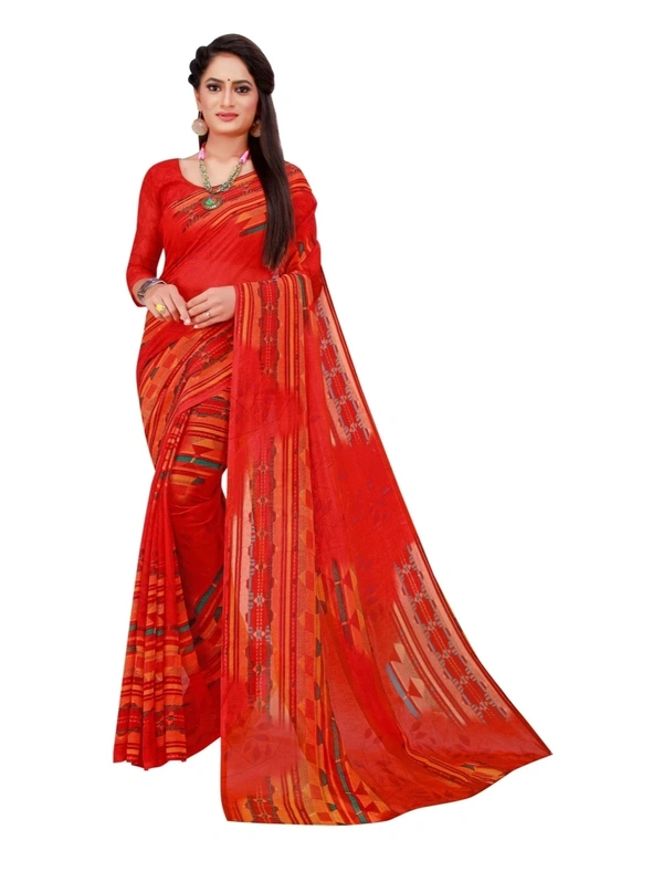 Pehnava Fashionable Georgette Printed Sari - Red - Standard